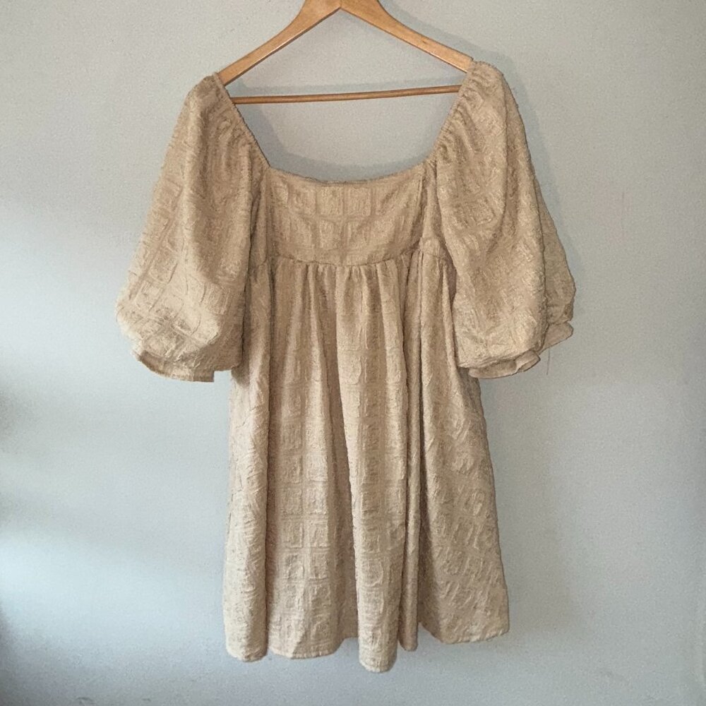 Sweet Lemon Tan Cream Puffy Sleeve A-Line Flowy Mini Short Dress with Pattern S